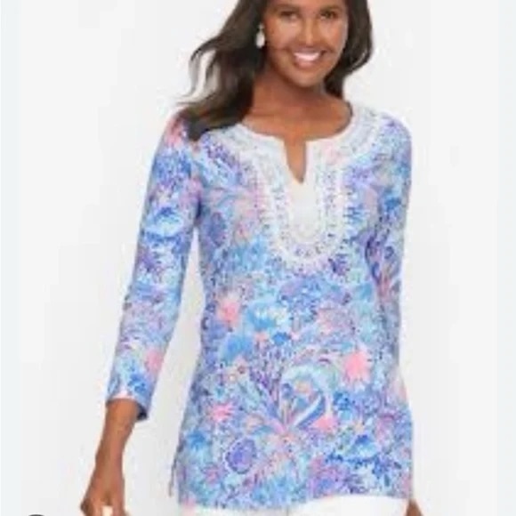 Talbots Floral Lace Trim Tunic Top Size 2X Pima Cotton 3/4 Sleeves - Picture 1 of 8
